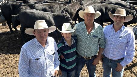 Grant Whatham, Hunter Stock Land, Branxton, Dougal and Josh Evans, Riverside, Vacey and Shannon McCormack, HSL with the Evans family's champion pen of 9 Angus heifers that made 300c/kg to return $1000. Pictures by Simon Chamberlain
