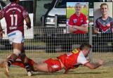 Singleton young guns Gabe Stafa, pictured diving in for a try, Jack Smyth (inset left) and Jai Davies (inset right). 
