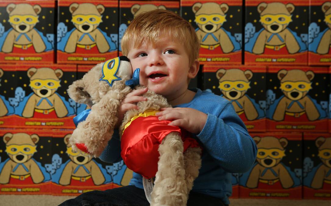WARM AND FUZZY: Bellbird's Noah Doust, 18 months, with Scentsy's charitable cause product Sebastian the Superbuddy, which helps raise funds for the Starlight Children's Foundation.Picture: Marina Neil