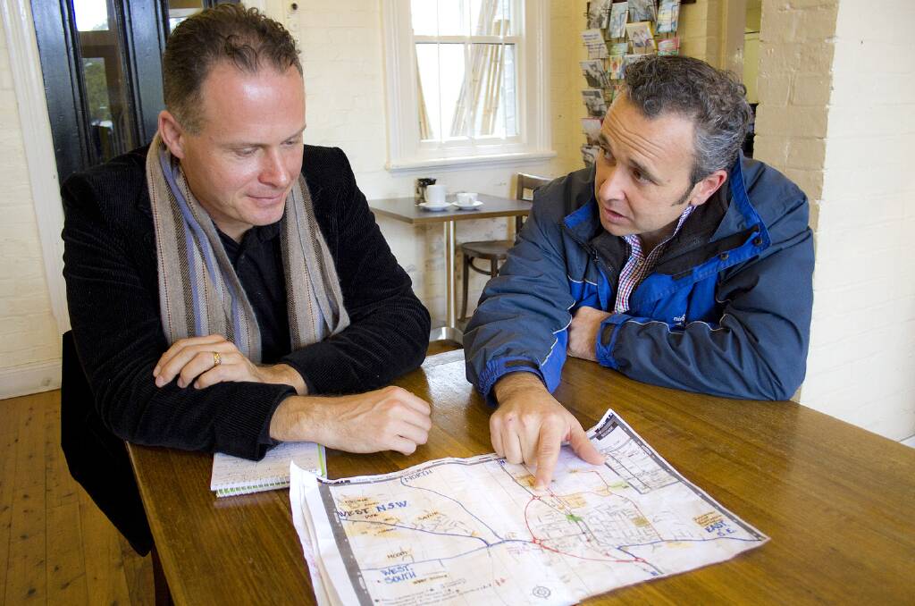 PLANS: Greens candidate Mercurius Goldstein heard from business representative Ben Wyndham about options for the Scone bypass. Picture: TONY GRANT

