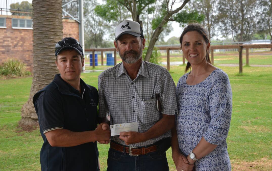 CONTRIBUTION: 'Where There's A Will' representative Pete Carrigan with Hunter Valley Cutting Horse Club president Geoff Saxby and secretary Lynda MacCallum.