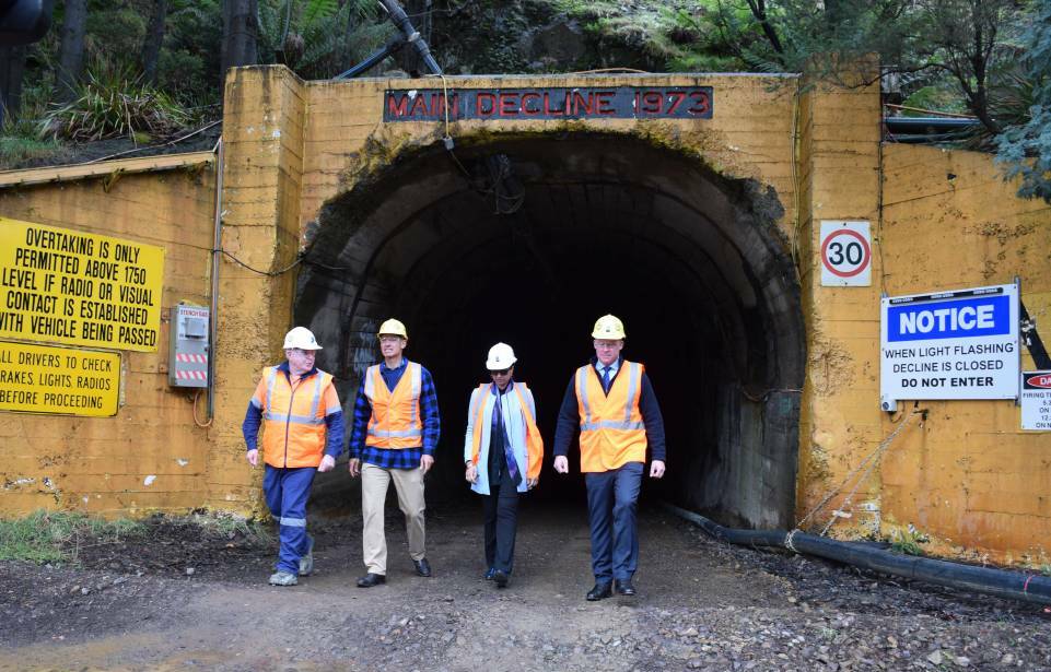 Work on: Peter Walker, Guy Barnett, Deshnee Naidoo and Will Hodgman at the Mt Lyell mine in Queenstown. Picture: Lachlan Bennett