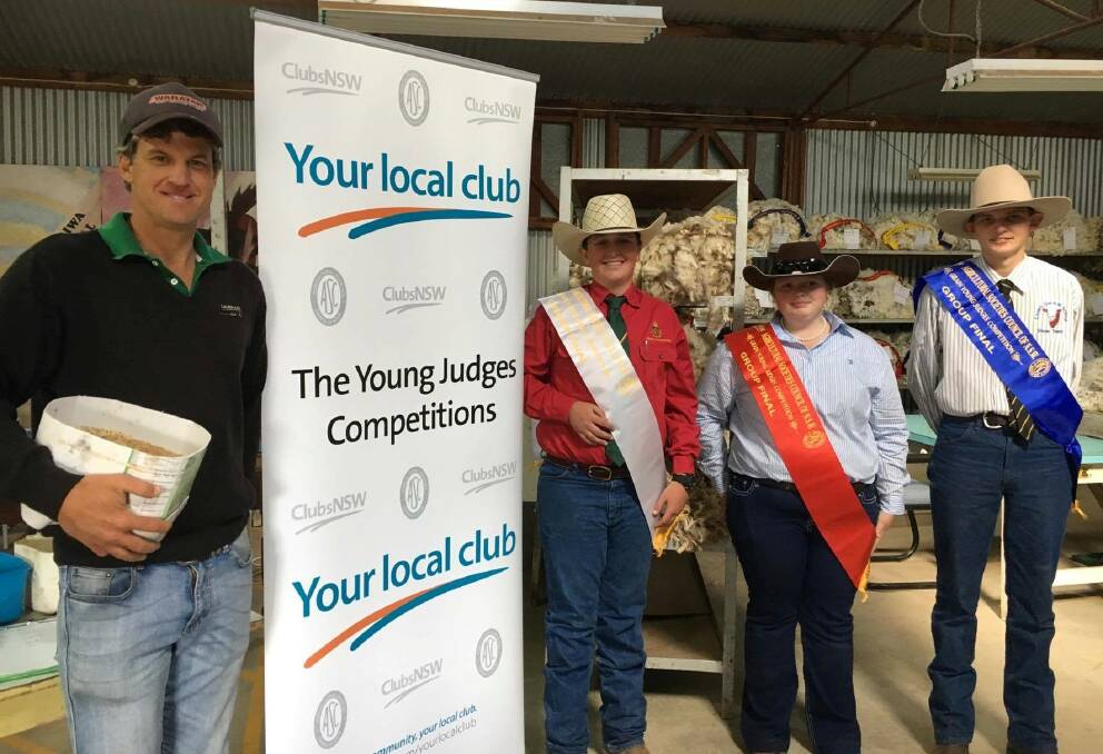 Grains Zone 3 finals judge and Landmark Townsend agronomist, Tim Sawley, third place winner Cameron Ninness of "Marlea" Merriwa; second place winner, Kristy Walker; and first place winner James Williams of "Roseamba", Coolah.