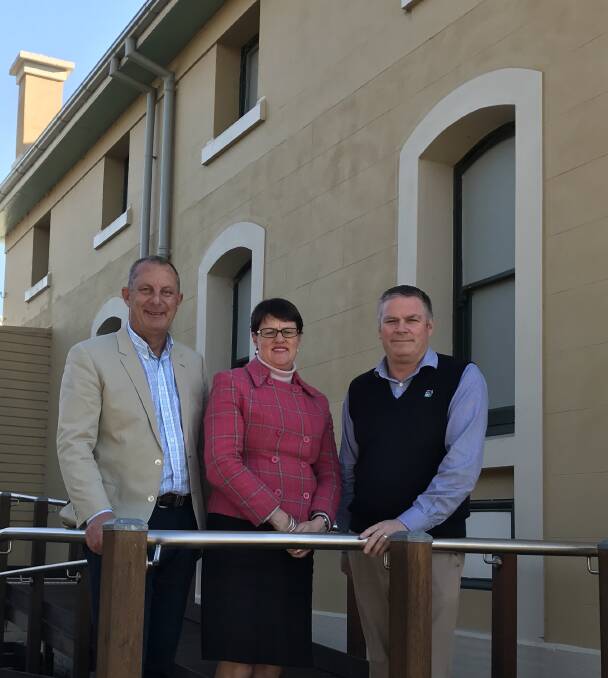 GREAT NEWS: Upper Hunter MP Michael Johnsen with Kate Mailer of SCADS and Upper Hunter Shire Council general manager Waid Crockett at Scone’s Old Court Theatre.
