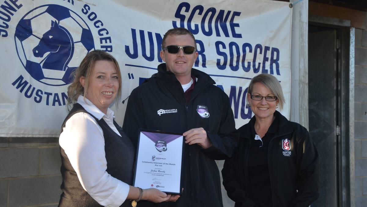 GREAT HELP: Newcastle Permanent’s Muswellbrook-Scone branch manager Vanessa Muddiman, Scone Mustangs Football Club’s Joshua Rumsby and Hunter Valley Football operations manager Sarah White at the Bill Rose Sports Complex on Wednesday.