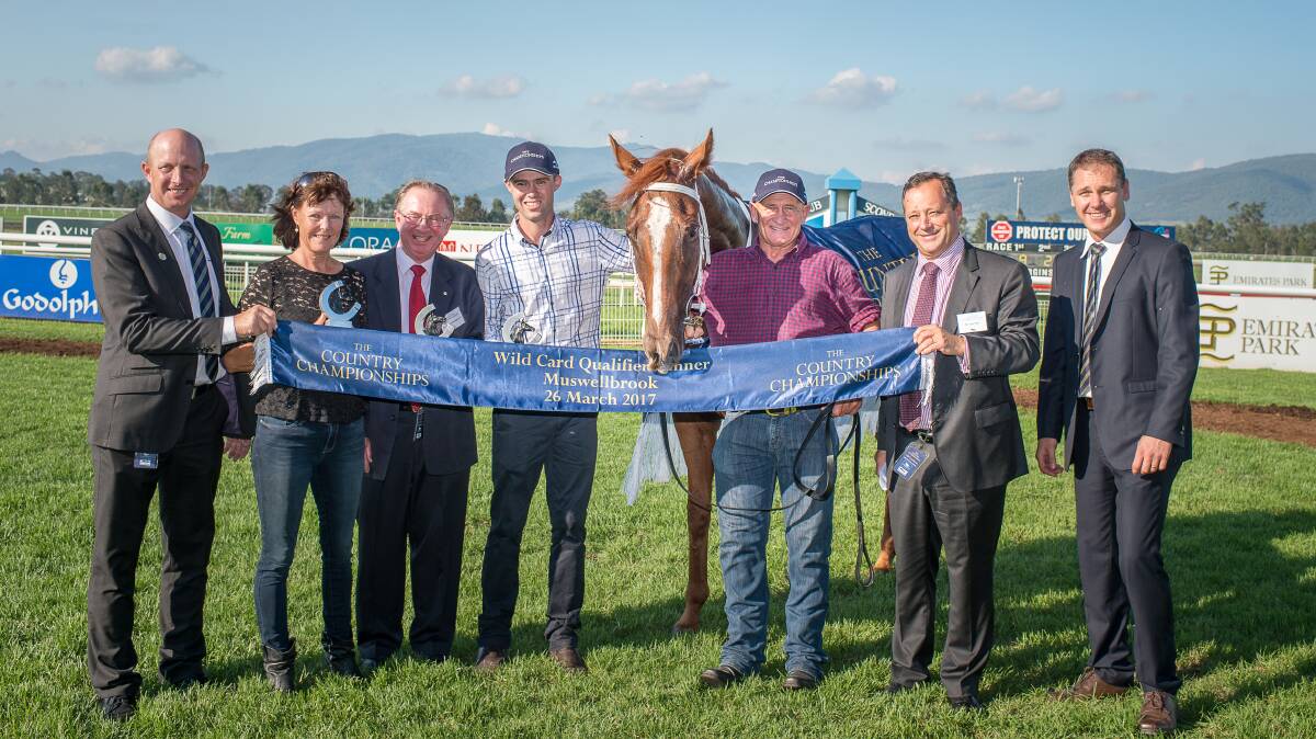 SYDNEY BOUND: Muswellbrook Race Club and Racing NSW representatives with connections of Pelerin, the winner of the Muswellbrook Country Championships Wild Card at Scone Race Club on Sunday. Pic: KATRINA PARTRIDGE PHOTOGRAPHY