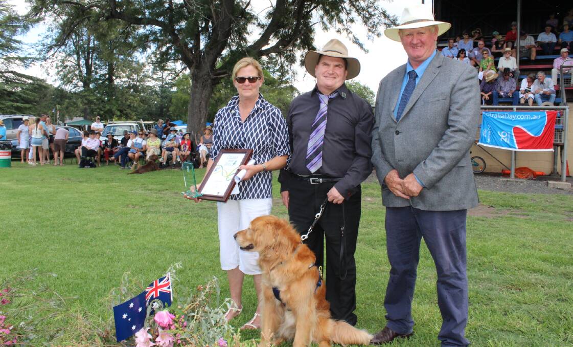 RETURNING: At Murrurundi’s Australia Day 2016 celebrations, Citizen of the Year Debbie Eather, Ambassador Nick Gleeson and deputy mayor Maurice Collison.