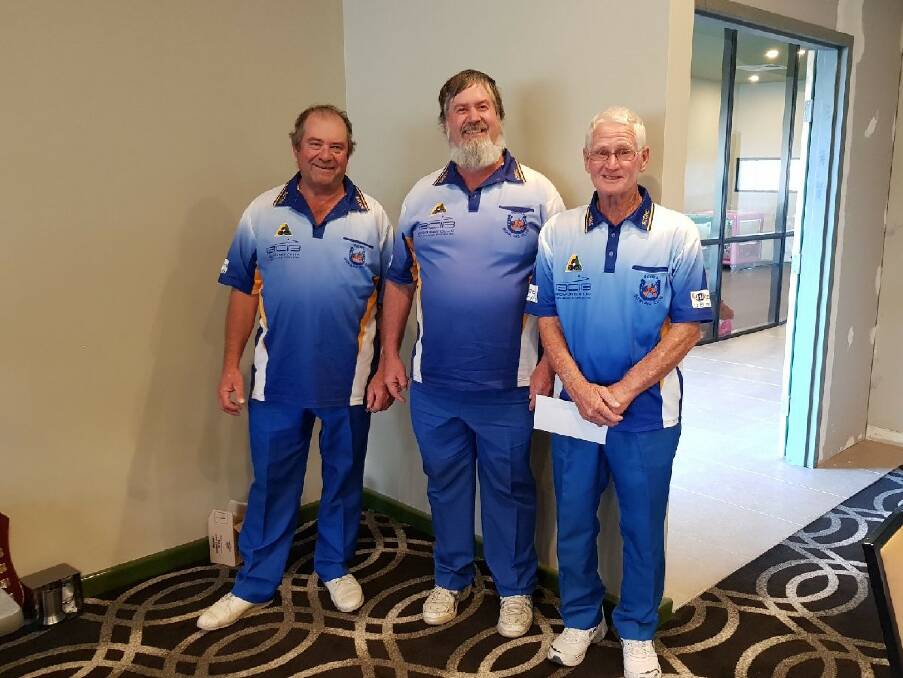 TRIPLES WINNERS: Allan Woodhead Doug Campbell and Brian Cone at the Scone Bowling Club presentation on November 5.