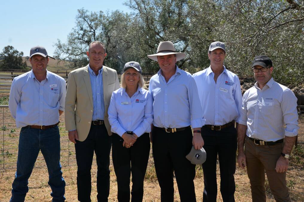 HOPE FOR FARMERS: Hunter Local Land Services bio-security officer, Luke Booth, Upper Hunter MP Michael Johnsen, Hunter Local Land Services Chair Lindy Hyam,  Deputy Prime Minister Barnaby Joyce, Hunter Local Land Services General Manager Brett Miners and Glencore Community Relations Manager Craig Strudwick.