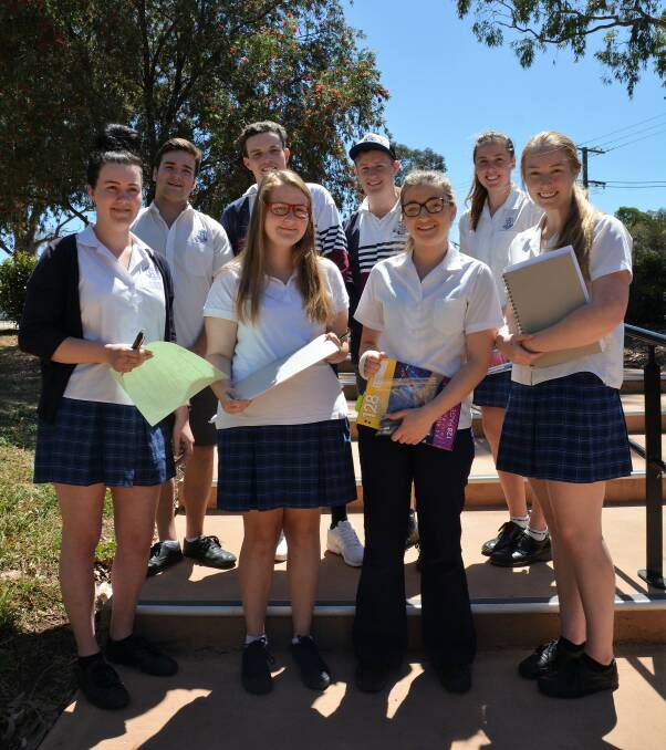 EXAMS IN SWING: Scone High School Year 12 students Kaylah Flaherty, Nicola Wharton, Eliza Hall, Sophie Druit, Kristen Smith, Jaydie Minter, Jake Speck and Steven Blayden after their English exam on Tuesday.