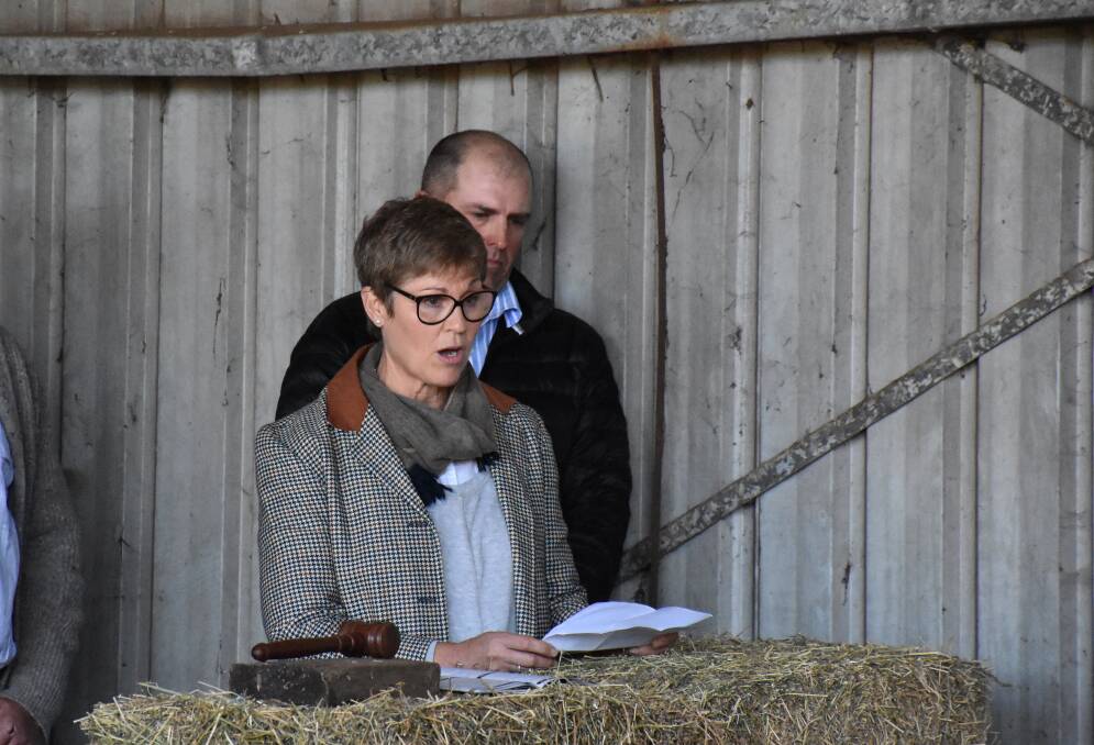 ACTION: Pauline Carrigan addresses the Manali Limousin & Lim-Flex Bull Sale in Scone about the importance of mental health education for school children of all ages.