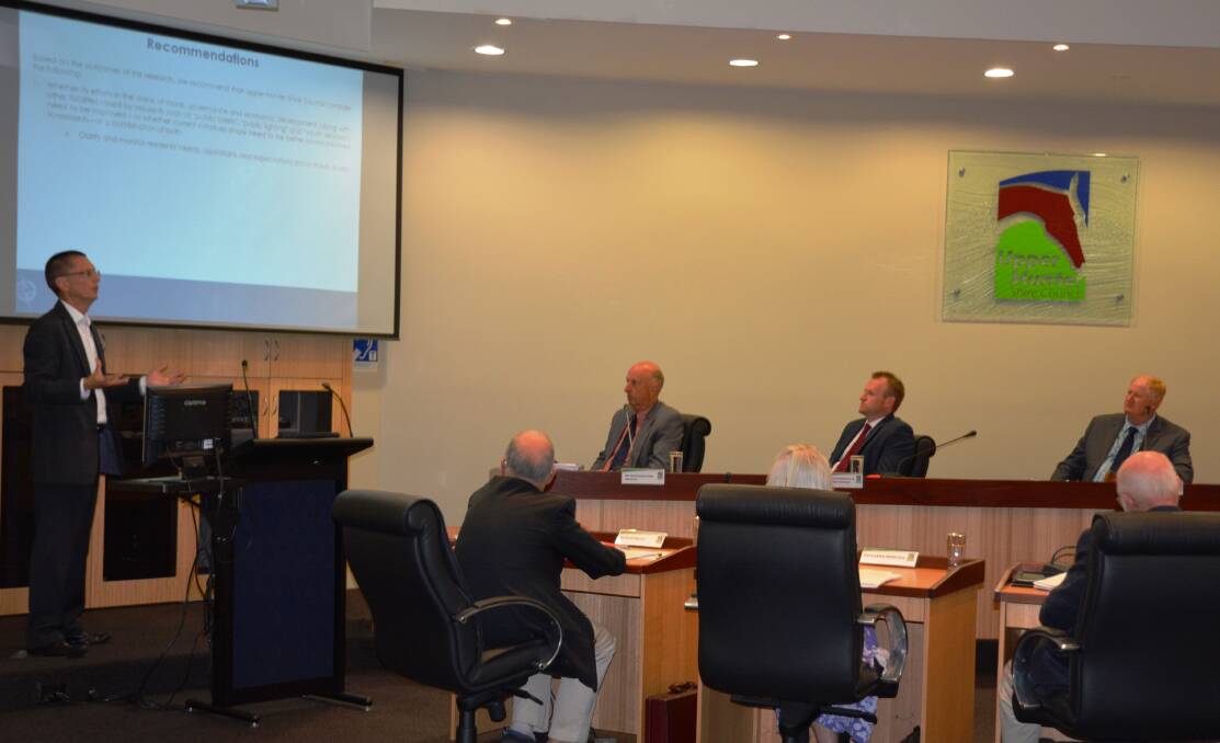ATTITUDE SURVEY: Mark Mitchell, general manager of Micromex Research, presenting the key findings and recommendations in a community attitudes and perceptions survey to Upper Hunter councillors at Monday's ordinary general meeting. 