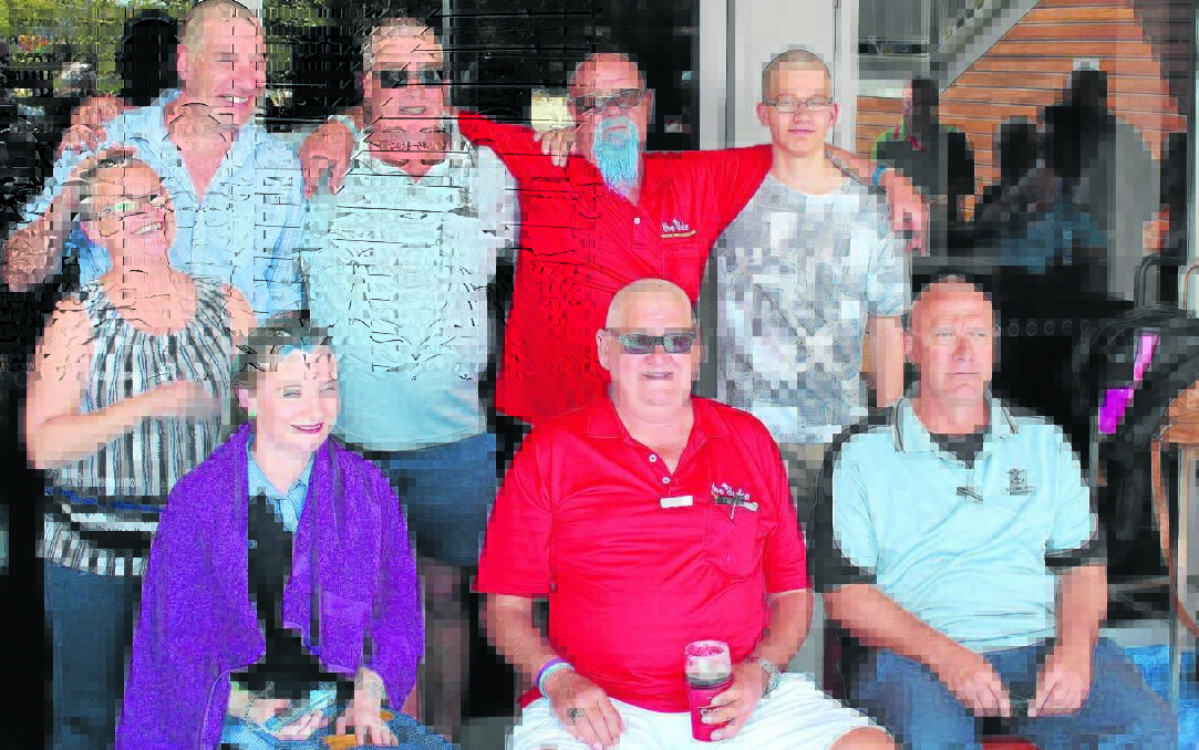 (Back) Leanne Adams, Aleeya Mullock, David Kilroy, Col (visitor from Dukes), Henry Wilkinson, (front) Peggy O’Callahan, Kasper (visitor from Dukes) and Darren Nesbitt after the Shave for a Cure. 