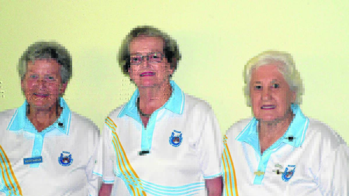 Scone Women’s Bowling Club triples winners Wendy McKenzie, Edie Adams and Val Crandell. 