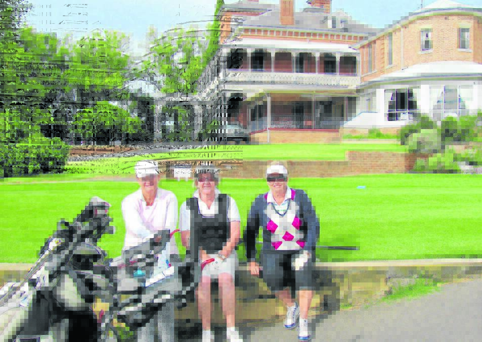 Scone lady golfers June Jukes, Judy Carmody and Doon MacCallum prior to play at Duntryleague Golf Course at Orange. The building was the old family residence built in 1876, it is heritage listed and is now the accommodation attached to the club.