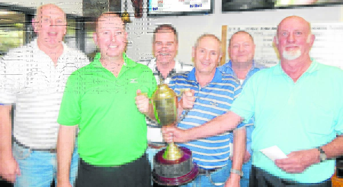 Scone Golf Club 2015 3 Man Ambrose winners Clayton Rogers, Geoff Ferguson and Les Cottam with trophy donors Bob Johnston, Gary Leake and Chris King.
