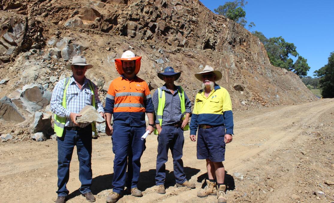 READY TO ROCK N’ ROLL: Deputy Mayor Maurice Collison, Geological Engineer from SMEC John Johnston, Works Engineer James Darling, and Upper Hunter Shire Council’s Maintenance Works Supervisor Mark Robinson at Moonan Cutting on Wednesday.