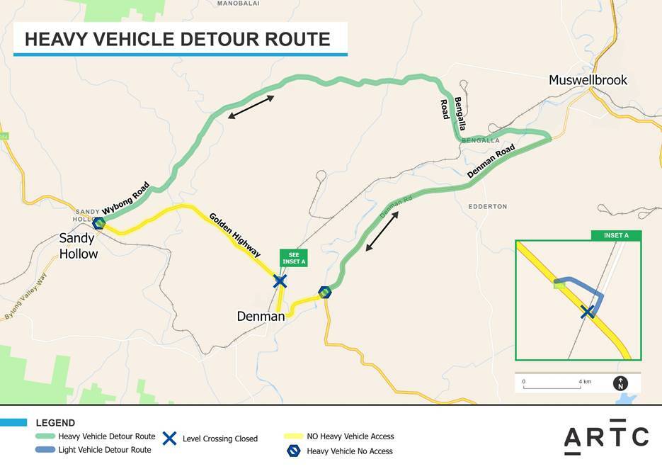 ROUTE: The detour route for heavy vehicles that will be in place on the Golden Highway near Denman between Monday, November 22 and Thursday, November 25. Picture: ARTC