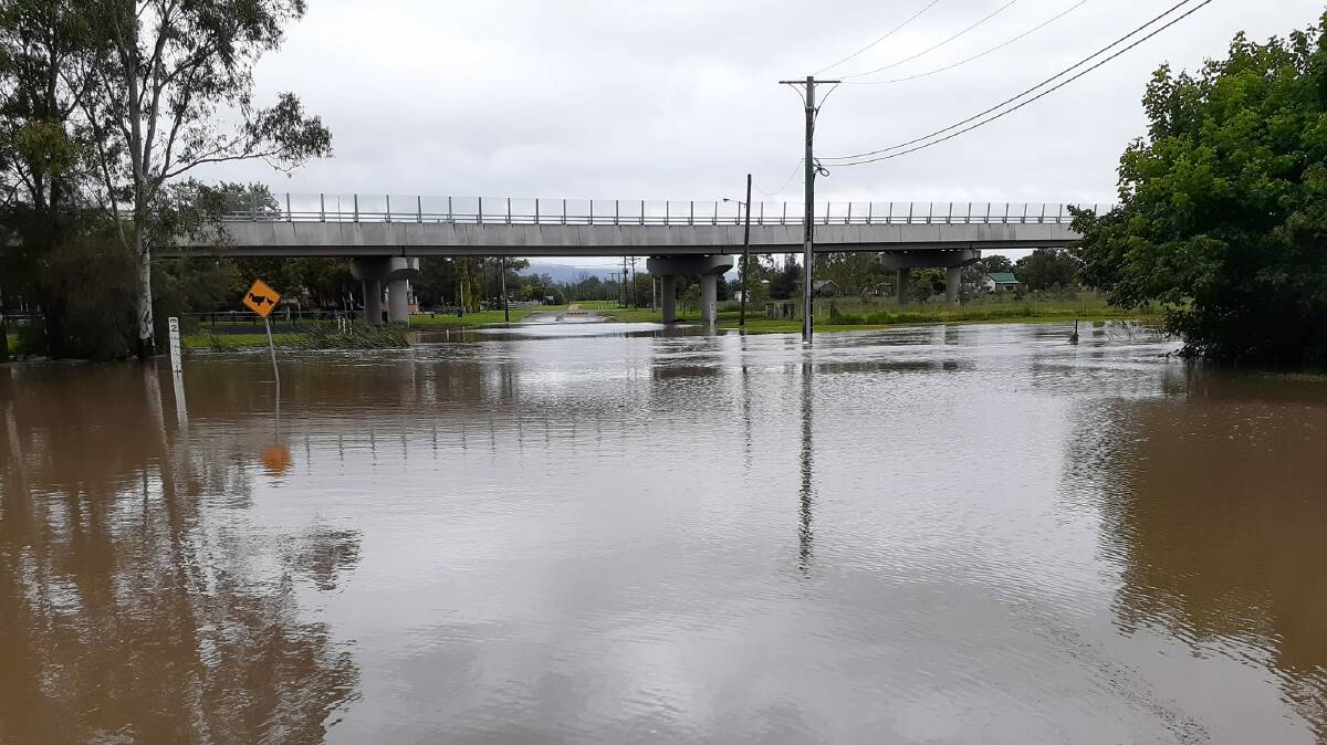 SCONE: Flood waters beneath the Scone Bypass. Picture: Upper Hunter Shire Council. 