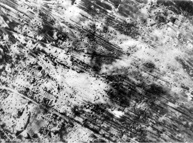 Damage at Vaires railway yards after the concentrated daylight attack by RAF Bomber Command on July 18, 1944. Picture courtesy Australian War Memorial Photograph Collection/SUK12570