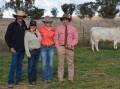 Denis and Louise Saint, Oakey Creek Speckle Parks, Manilla, their daughter Julie Abra and Elders auctioneer Lincoln McKinlay with the top-priced heifer that Celia McKay bought for $30,000.