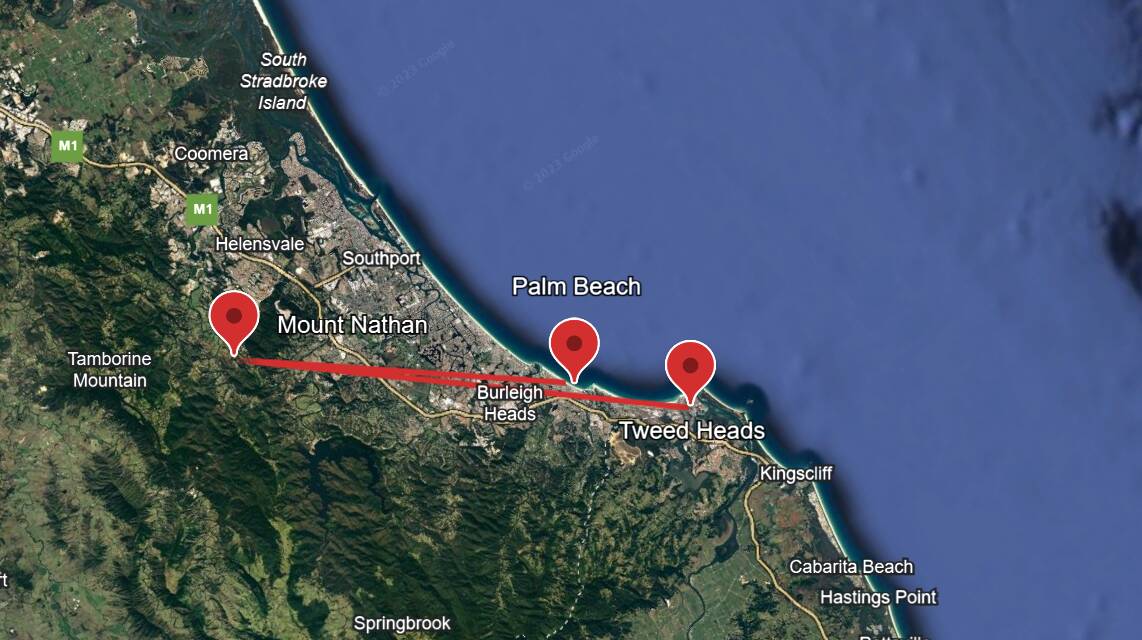 Police believe offenders travelled from Tweed Heads to Mount Nathan to Palm Beach over nine days. Picture via Google Earth