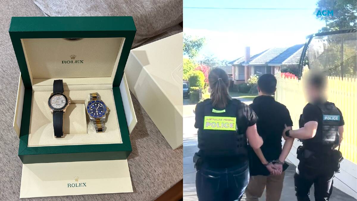 Designer watches seized during Melbourne searches (left) and a suspect arrested in Doncaster East (right). Picture supplied