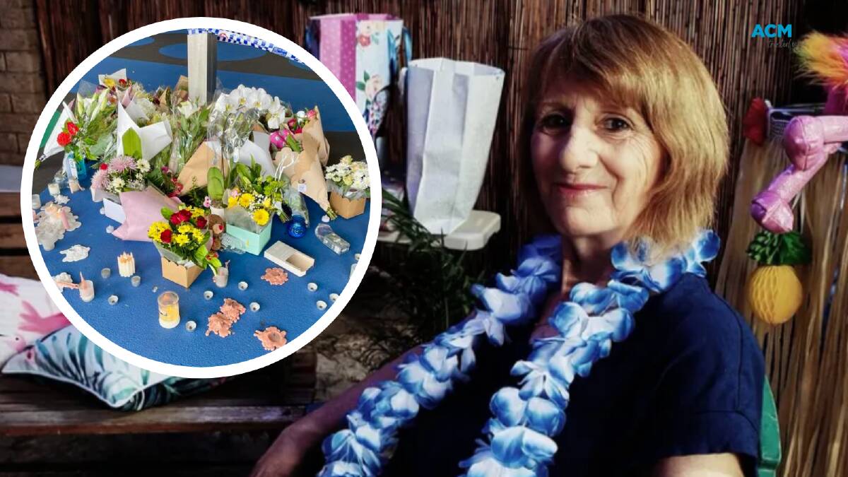Murder victim 70-year-old Vyleen White and flowers left at the Aldi shopping centre car park in her memory. Picture GoFundMe/David Crisafulli MP
