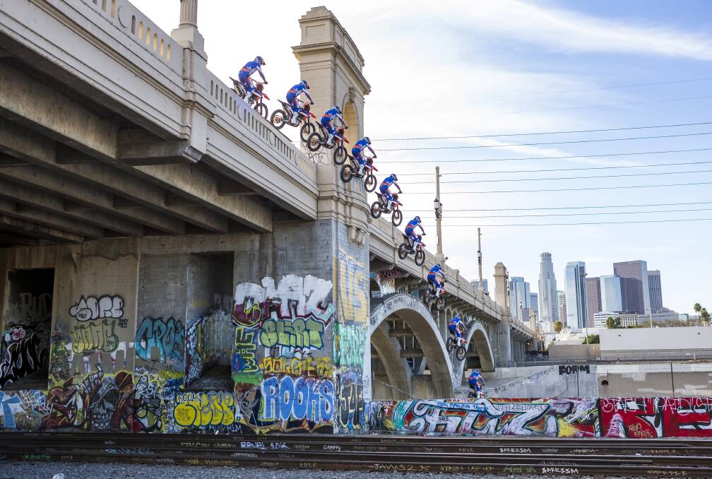 Robbie Maddison jumps of a bridge in Los Angeles in 2019. Photo: Red Bull Content Pool