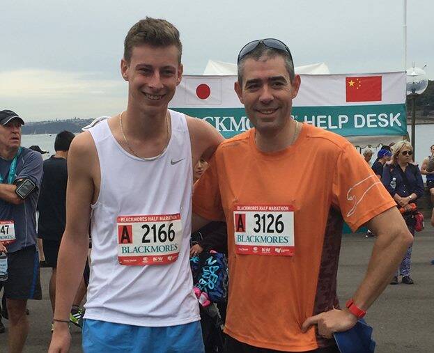 GREAT WORK: Ex-student Dylan Catzikiris with Reverend Nate Atkinson at the Blackmore's Sydney Half Marathon in September.