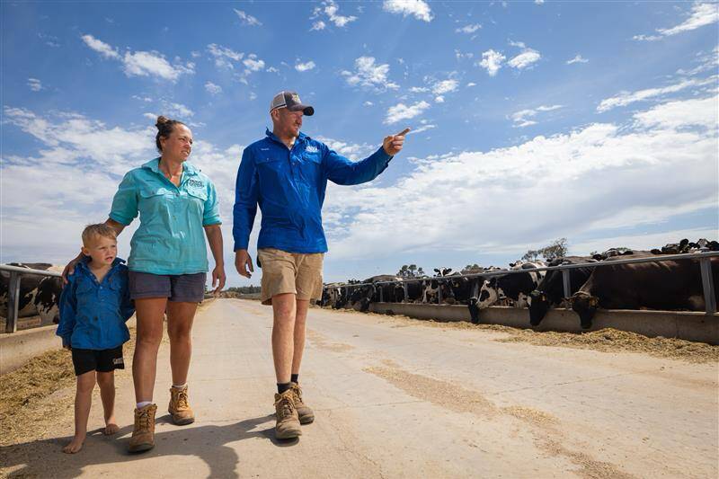 Sherrie and Reagan Hamilton with their son Thomas, Tickawara Farm, Wakool in the western Murray region of NSW. Picture supplied.