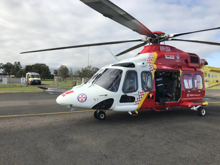 Westpac Rescue Helicopter lands at Scone airport to transfer injured male. Photo supplied.