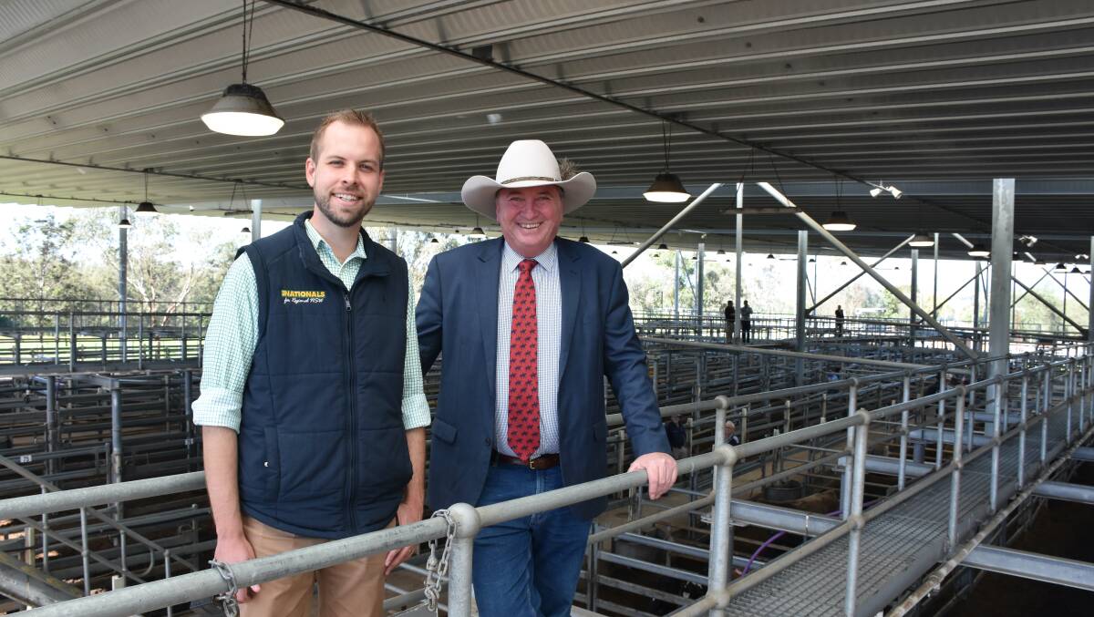 The Nationals Hunter candidate James Thomson with Deputy Prime Minister Barnaby Joyce at the Singleton livestock selling centre.
