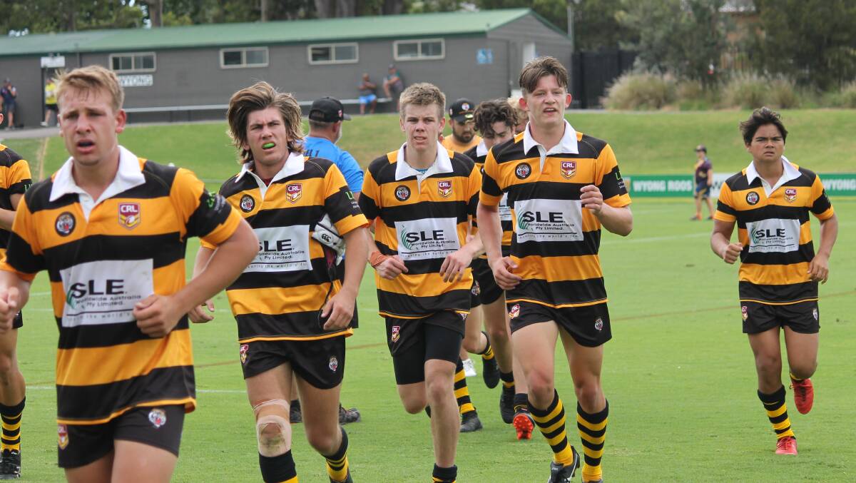 BUSINESS AS USUAL: Mark Simon, Lachlan Smith, Hayden Bull, Jock Brazel and Tom Dickson leave the field at half-time during the Greater Northern Tigers under-16 clash at Wyong. Pic: SCOTT BONE