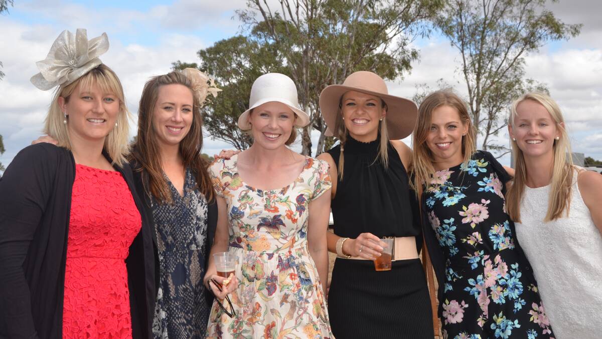 FASHIONS ON THE FIELD: Zoe Stanley, Alex Stringer, Noni Gabb, Bec Coote, Katie Cockerill and Megan Wightman at the 2016 Merriwa Cup on Saturday.