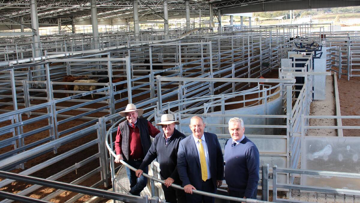 New England MP Barnaby Joyce, Upper Hunter Shire mayor Maurice Collison, Upper Hunter MP Michael Johnsen and Upper Hunter Shire Council general manager Steve McDonald at the newly-upgraded Scone Regional Livestock Selling Centre.