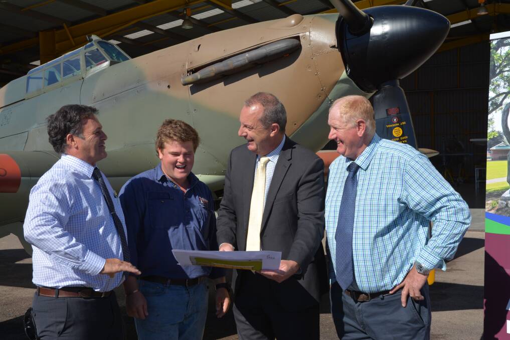 EYES ON THE FUTURE: Upper Hunter Mayor Wayne Bedggood,Pay's Air Service's Alex Pay, Michael Johnsen MP and Deputy Mayor Maurice Collison at Scone Airport on Monday morning. 