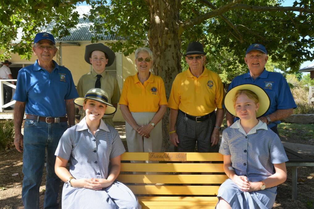 Scone Grammar School students Erin, Pip and Cobin with Upper Hunter Men's Shed's John Pratley and Warren Richards and the Lion Club of Scone's Maria and John Musumeci.