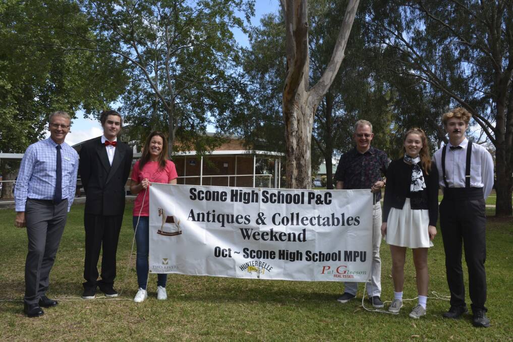 ANNUAL FUNDRAISER: Scone High School principal Brian Drewe, prefect Matthew Kilroy, P&C president Kath Meier, Antiques and collectables coordinator Leigh Rowney with school captains Indyana Taylor and Max Thackeray. 