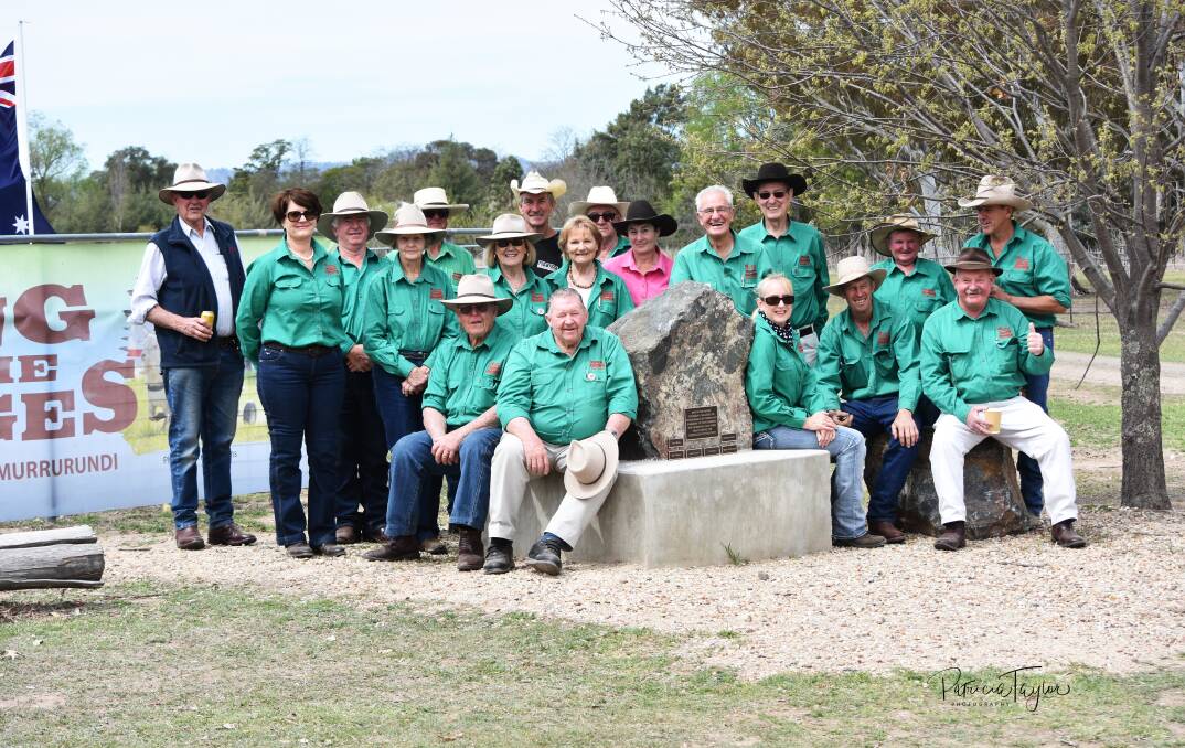 THANK YOU: 2018 King of the Ranges members gather at a special commemorative stone put in place at the Murrurundi Rosedale Complex to honour past members. Photo: Patricia Taylor