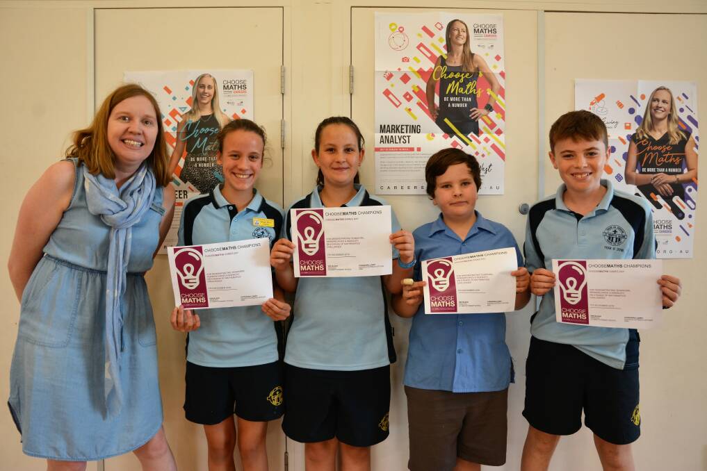 LITTLE MATHS WHIZZES: AMSI Schools Outreach Officer Cassandra Lowry with St Mary's Primary School Scone students Iris Flaherty, Phoebe Carter, Blake Morgan and Thomas Havyatt.