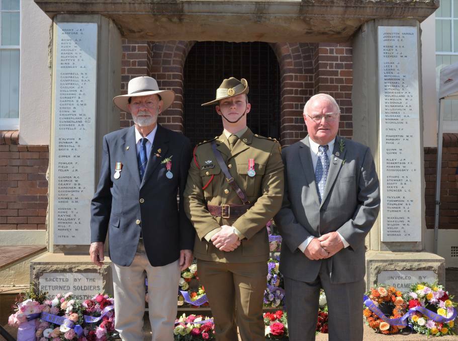 PAYING RESPECTS: Scone RSL sub-branch member George Clementson and Captain Harry Wagner from the Singleton School of Infantry with Scone RSL Sub-Branch president Val Quinell at the 2019 Anzac Day service. 
