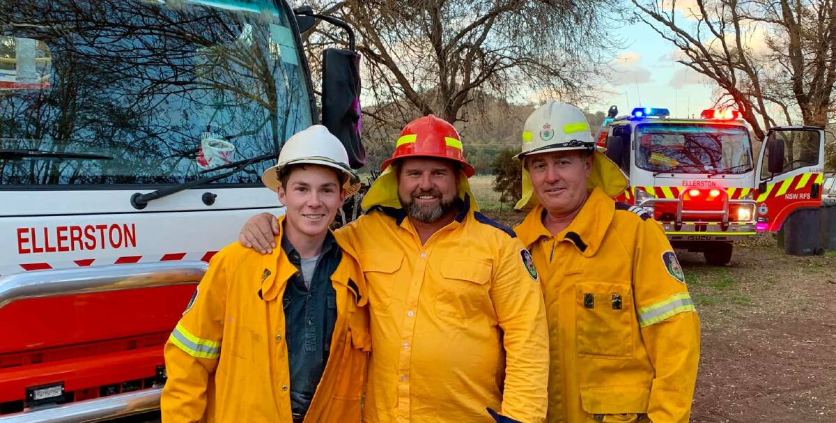 Ellerston and Moonan RFS responded to the tree down, and separate small fire, at the Victoria Hotel Moonan Flat. The small fire was extinguished quickly - the SES arrived for the tree. Pictured are Tom Hawkins, Ronnie Melville and Andrew Newley. Photo: Ellerston Rural Fire Brigade