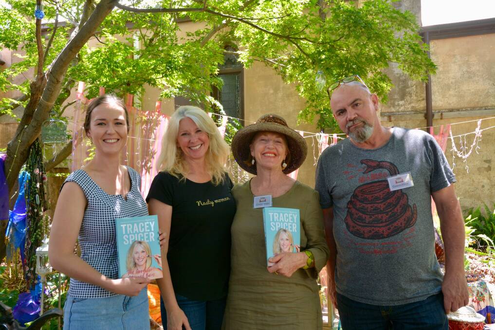 INSPIRATION: Shay Hancock with inspirational author and broadcaster Tracey Spicer, Scone Literary Festival president Janie Jordan and treasurer Peter Martin holding Tracey's 2017 memoir 'The Good Girl Stripped Bare'.