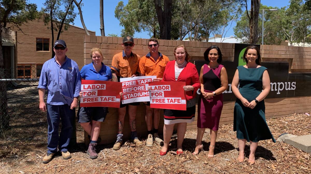 BOOST TO WORKFORCE: Maitland MP Jenny Aitchison (in red) with Shadow Minister for Skills and TAFE Pru Car (purple) and Country Labor Candidate for the Upper Hunter Melanie Dagg at Medford TAFE with TAFE teachers on Tuesday. Photo: Supplied