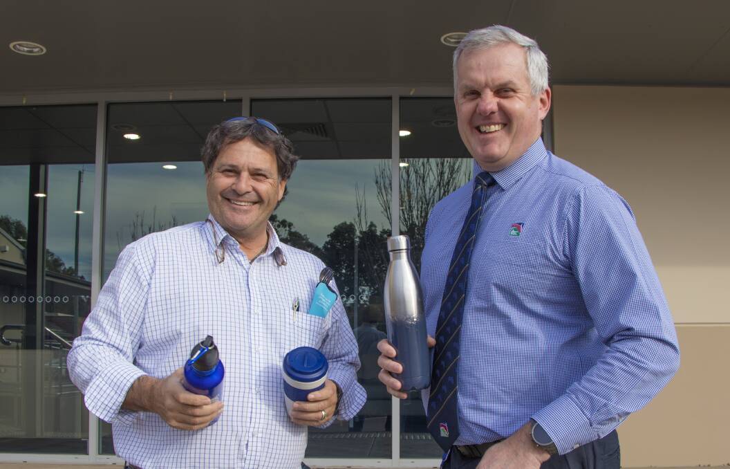Upper Hunter Shire Council mayor Wayne Bedggood and general manager Steve McDonald supporting Plastic Free July. 