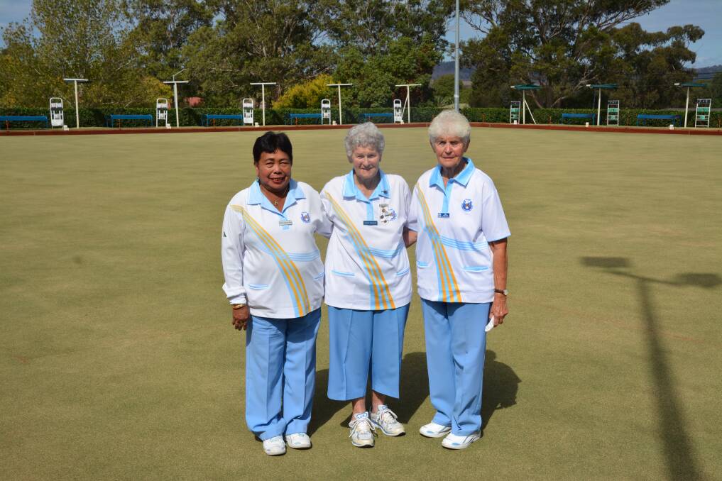 LADIES HIT THE GREENS: Rebecca McLoughlin (winner) Wendy McKenzie (president)  and Jill Rendoth (runnner up) at the Scone Bowling Club greens on Wednesday.
