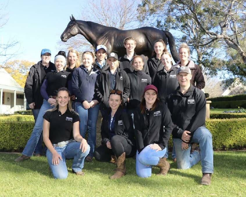 FAST TRACK: LEARNING THE ROPES: The first intake of Fast Track trainees pictured on a field trip to Coolmore Stud in front of a statue of champion sire Encosta de Lago in 2018.