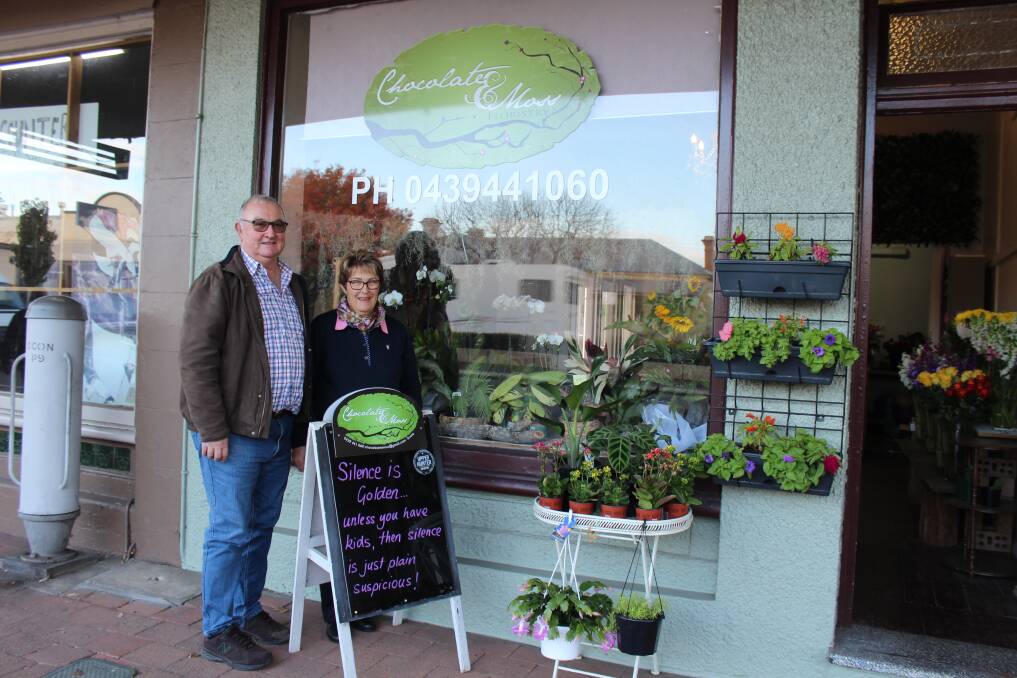 COME ON UP: Owners of Chocolate & Moss florist Jane and Andrew Carter included an Upper Hunter Country sticker on the A-frame outside their Kelly Street store in Scone and saved on footpath licence fees.