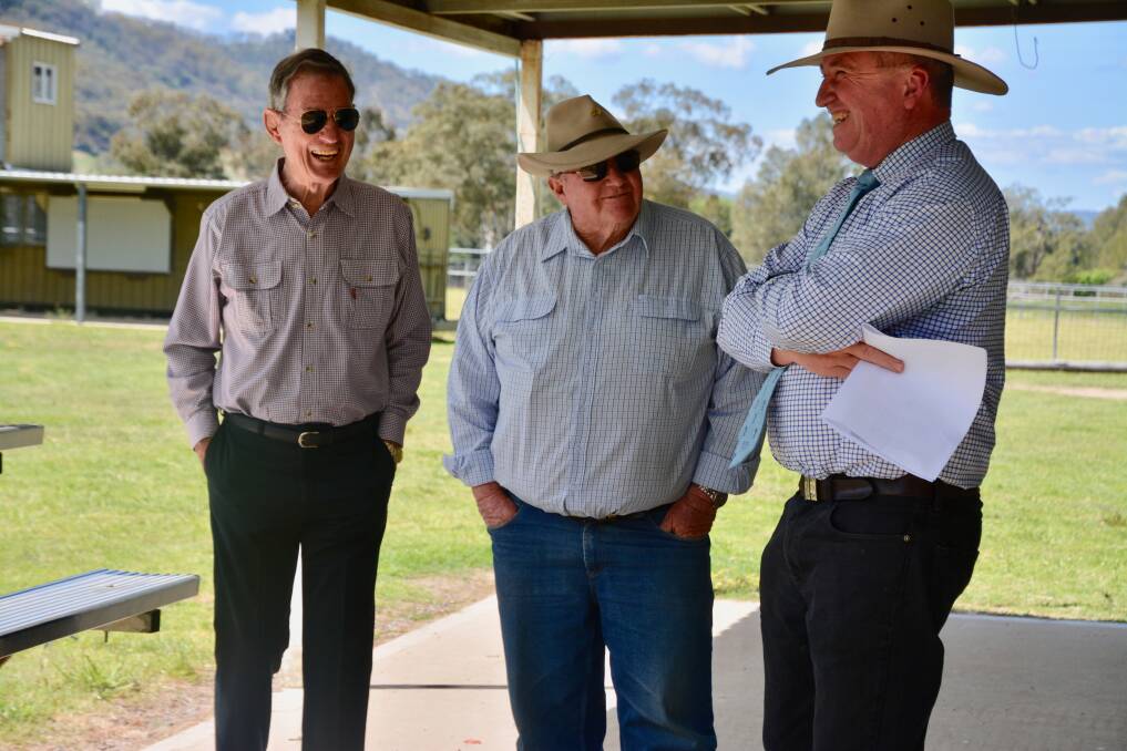King of the Ranges committee members Errol Dutton and Earl Kelaher with New England MP Barnaby Joyce at Murrurundi's Rosedale Complex. 